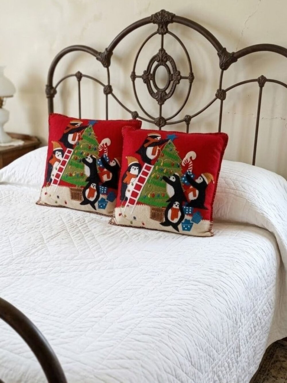 Pier 1 Christmas Penguin Throw Pillows Red Felt Applique Embroidered Tree PAIR